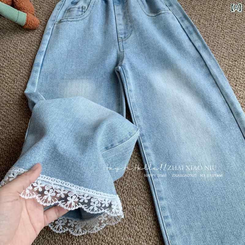 デニムパンツ ガールズ レース コットン ストレッチ ストレート 子供服 ロングパンツ ズボン カジュアル 春秋冬 110cm 120cm 130cm 140cm 150cm 160cm