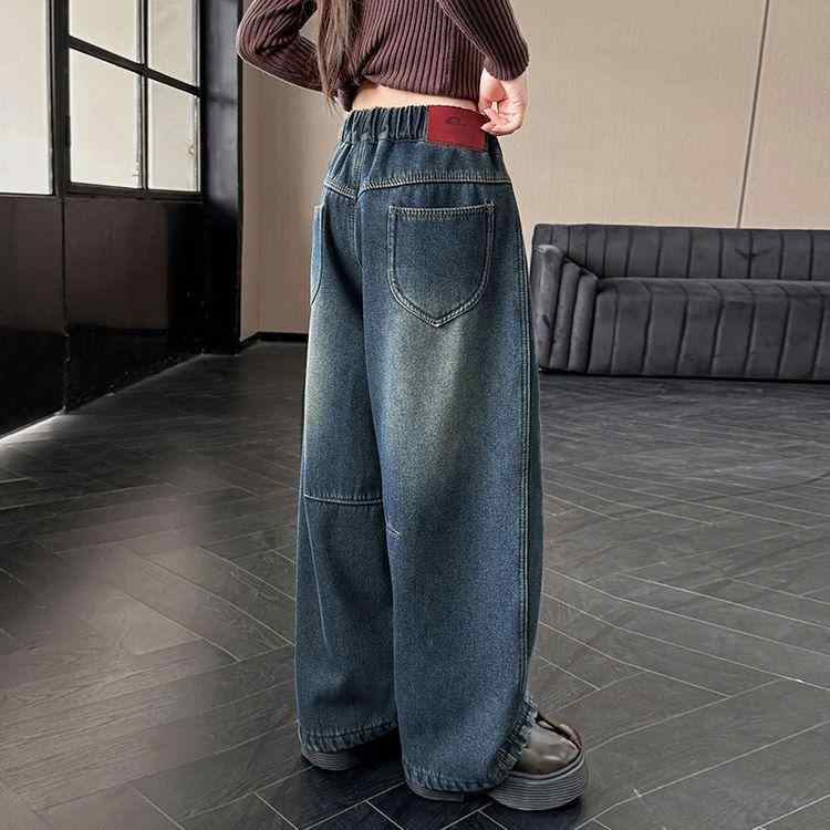 子供服 デニムパンツ ガールズ ワイドレッグパンツ ウォッシュ加工 春秋 中 толстовка 大 толстовка 春..