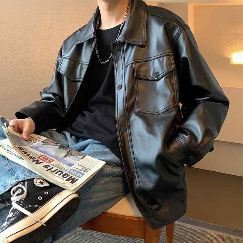 ジャケット 男性用 ライダースジャケット レザージャケット 春秋 長袖 襟付き 黒 ブラック 無地 ゆったりサイズ