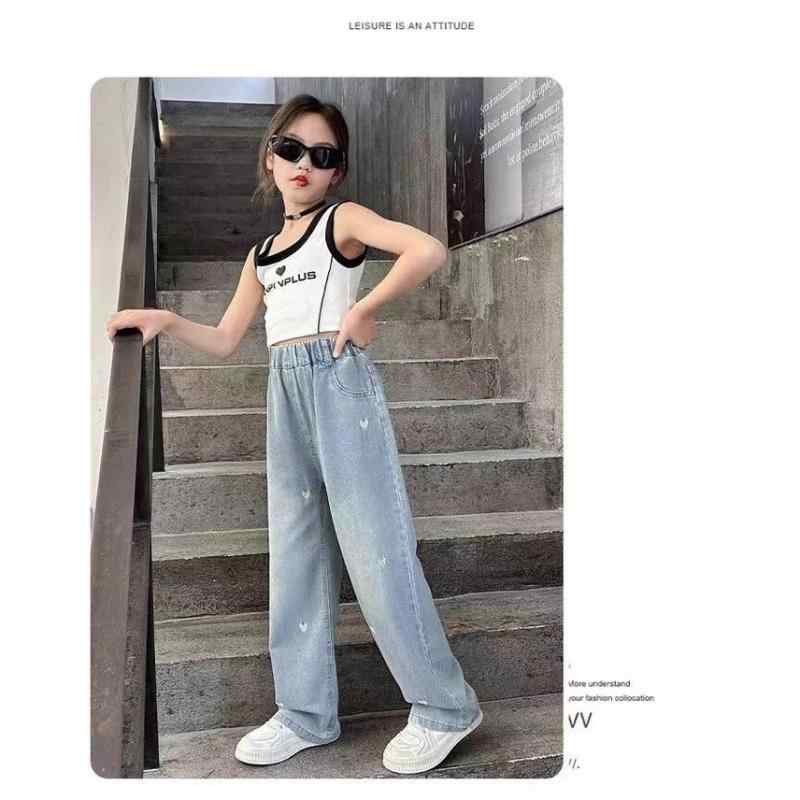 子供 デニム パンツ 女児 女の子 ワイドレッグパンツ 薄手 高学年 140cm 150cm 160cm 170cm 綿 混紡 高..