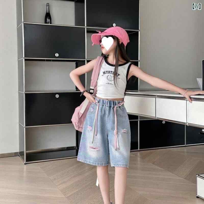 子供服 デニムパンツ ガールズ 7分丈パンツ 夏 薄手 ゆったり 5分丈 ショートパンツ ダメージ加工 ピン..