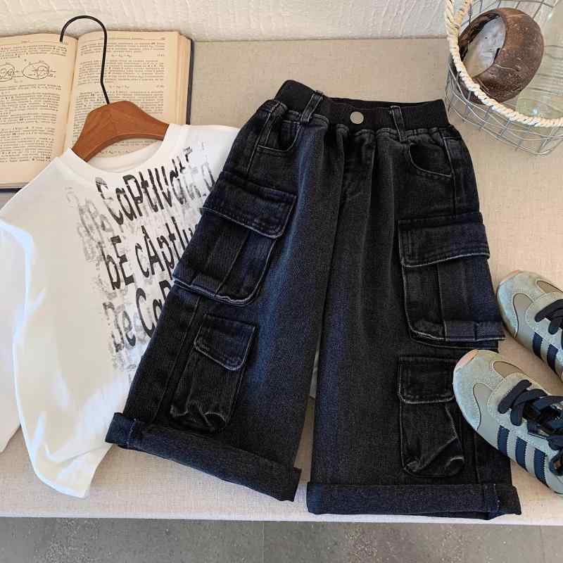 子供服 デニムパンツ ボーイズ ガールズ ロングパンツ 春秋 カジュアル ブラック 中小キッズ 大ポケッ..