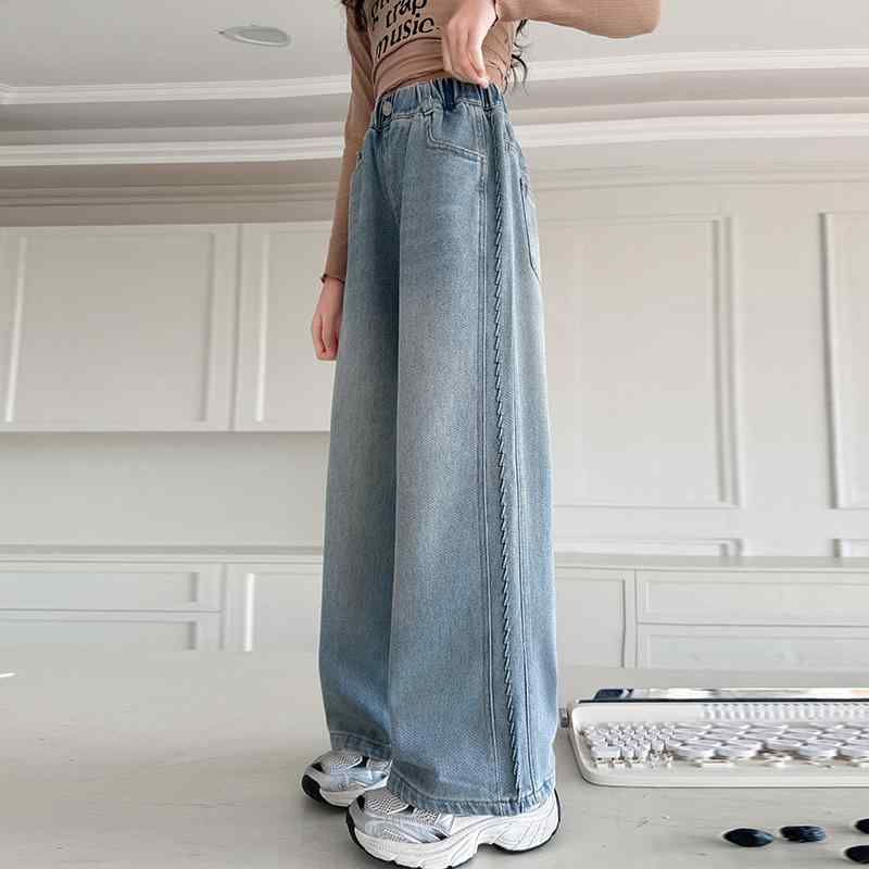 子供服 デニムパンツ ガールズ ストレート ワイドレッグ ロングパンツ 春秋 薄手 夏 女児 ズボン 中学..