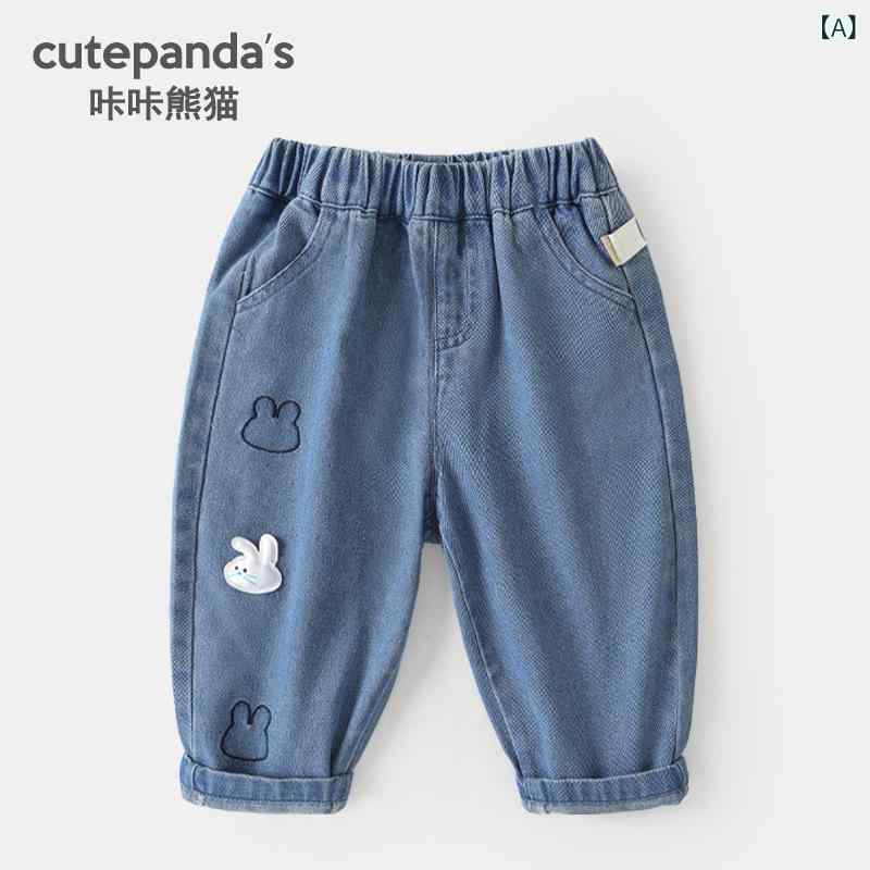 ベビー服 女の子 デニムパンツ ロングパンツ 春秋 幼児 子供 カジュアルパンツ コットン 混紡 中腰 ゴ..
