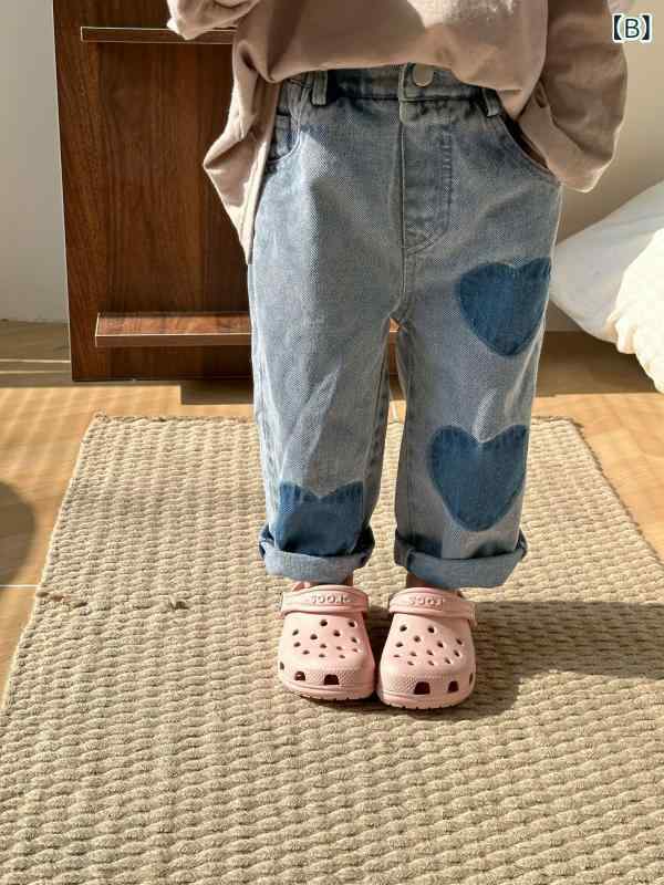 子供服 デニムパンツ ジーンズ 男女兼用 春秋 ロングパンツ ハート柄 カジュアル 8...