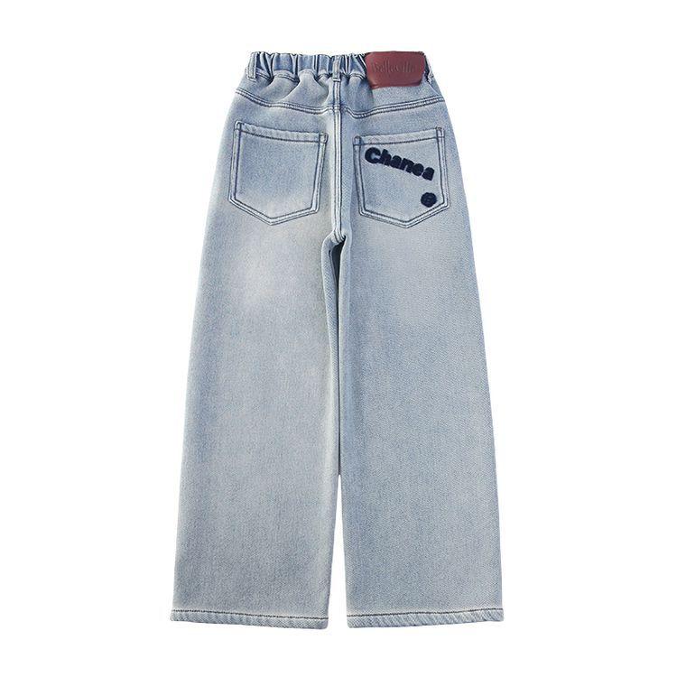 子供服 デニムパンツ ガールズ 裏起毛 ジーンズ ストレート 高学年 女児 暖パン ワイドレッグ ロングパ..