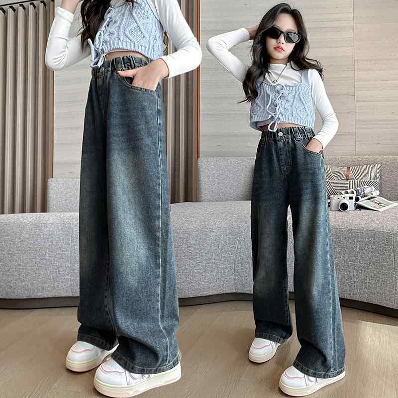 子供服 デニムパンツ ガールズ ワイドレッグパンツ ロングパンツ 春秋 カジュアルパンツ コットン 深青..