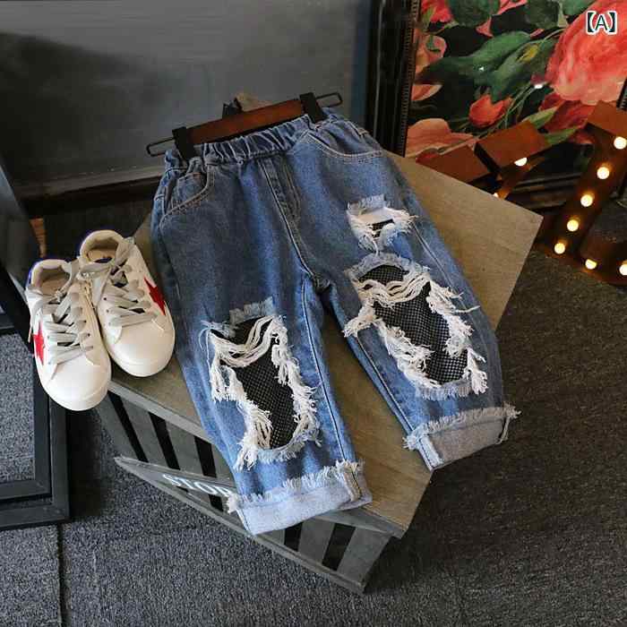 キッズ デニムパンツ 子供服 ダメージ加工 メッシュ 通気性 ジーンズ ハーフパンツ...