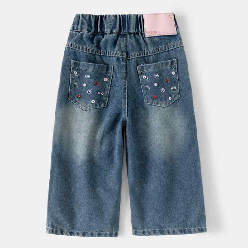 子供服 デニムパンツ ガールズ 刺繍 ワイドレッグ ロングパンツ 春秋 中大 детски コットン混紡 ミディ..