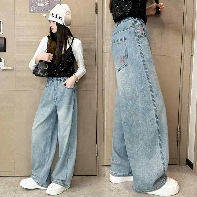 子供用ジーンズ ガールズ ワイドレッグ デニムパンツ 春秋 春物 中 детска 直筒 ロングパンツ 浅ブルー..