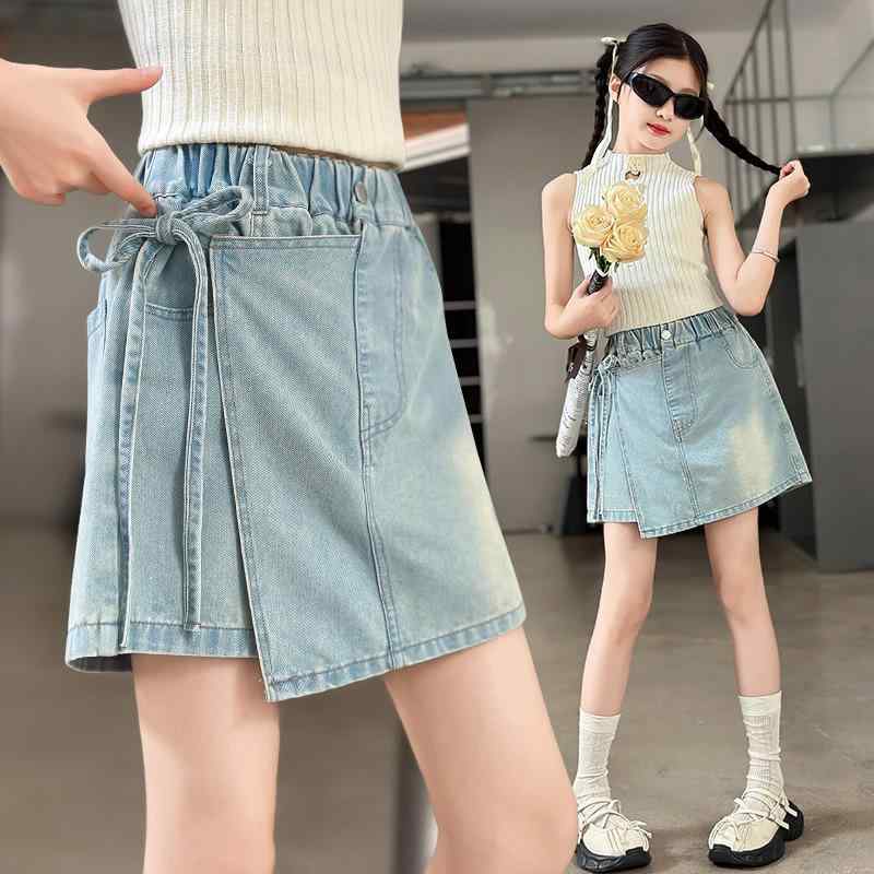 子供服 デニムスカート付きショートパンツ 女の子 薄手 短パン ガールズ カジュアル 夏 B類 聚酯繊維（..