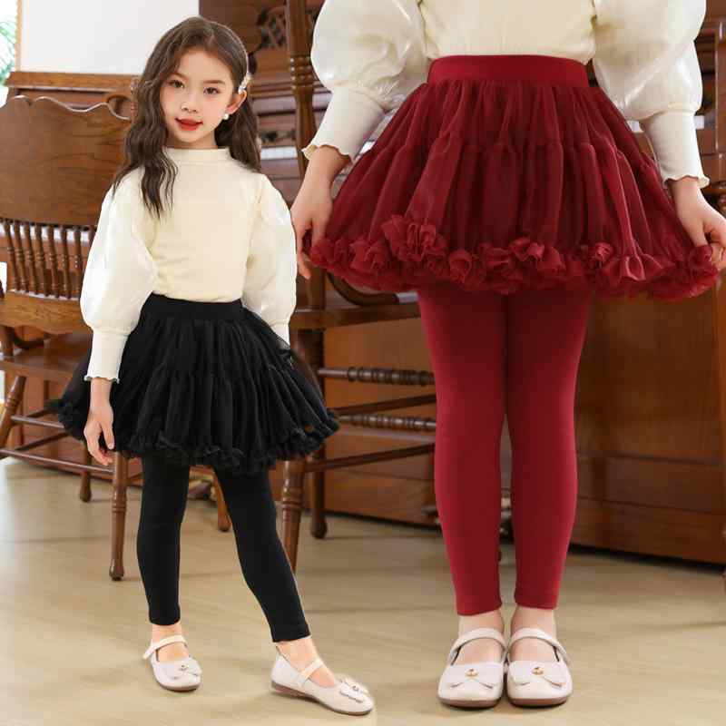 キッズ スカート付きレギンス 春秋 女の子 子供服 チュールスカート スパッツ 高学年 黒 ピンク系