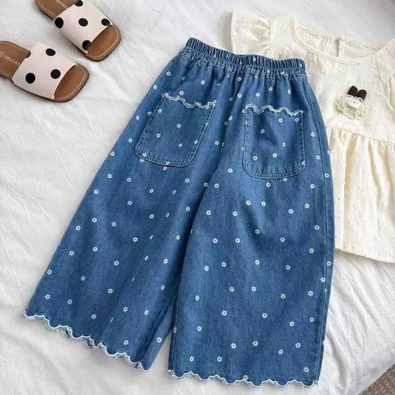 子供服 ガールズ デニムパンツ 薄手 花柄 レース 9分丈 夏物 ベビー服 80 90 100 110 120 130 ブルー ..