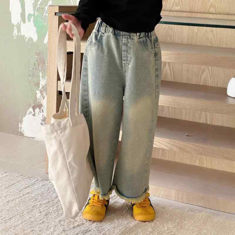 子供服 デニムパンツ ガールズ 春秋 韓国風 ワイドレッグ 無地 カットオフ加工 ジーンズ 綿100% 普段着..