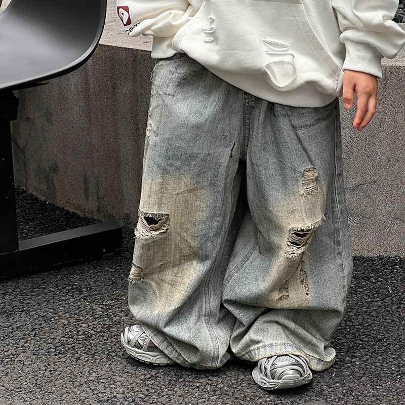 子供用ジーンズ 男の子 春秋 長ズボン 韓国風 デニムパンツ 破れ加工 90cm 100cm 110cm 120cm 130cm 14..