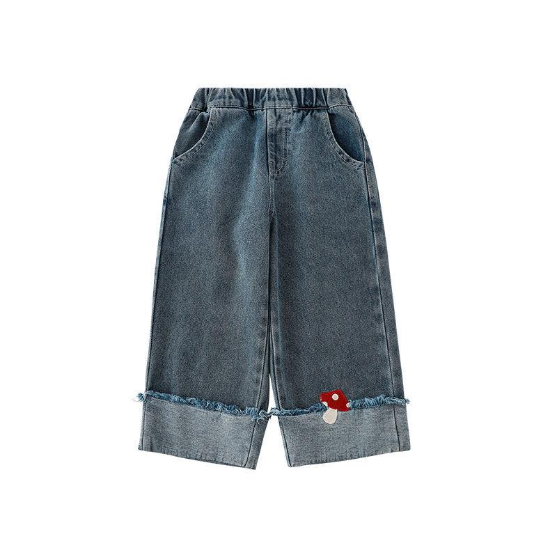 子供服 女の子 水玉 キノコ 刺繍 デニムパンツ ストレートパンツ カジュアルパンツ 春秋 かわいい おし..