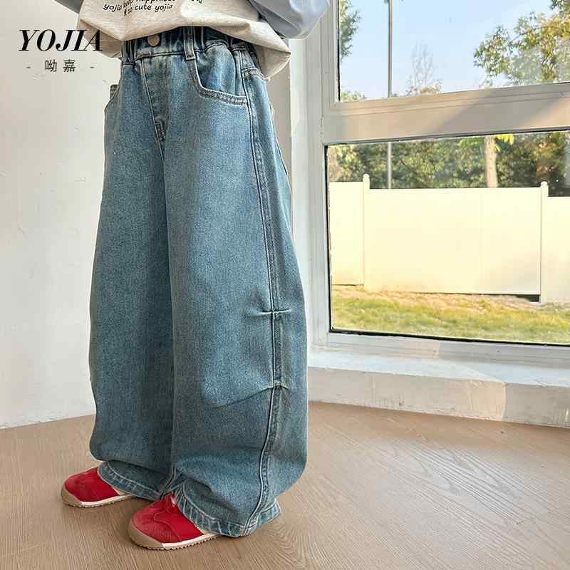 子供服 デニムパンツ ガールズ ストレートパンツ ロングパンツ 学院風 伸縮性 普段使い 聚酯繊維 ブル..