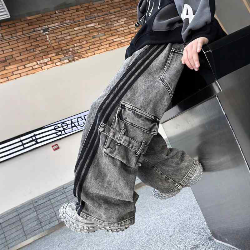 子供用ジーンズ ボーイズ ワークパンツ ロングパンツ 春秋 グレー コットン デニムパンツ 伸縮性 ウエ..