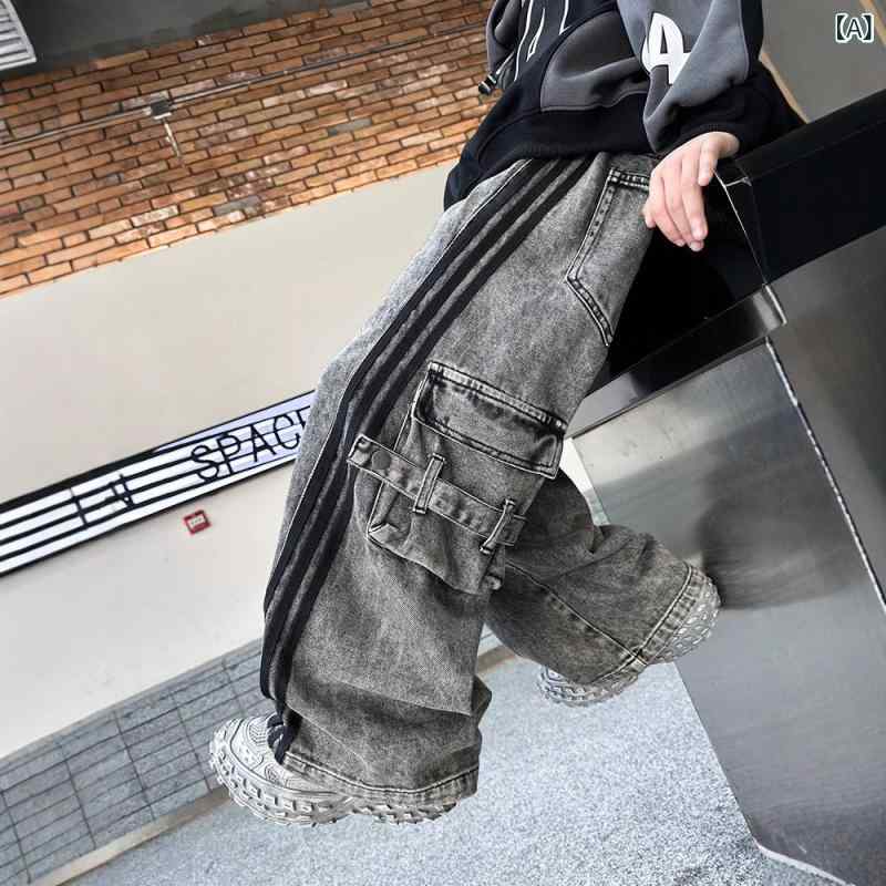 子供用ジーンズ ボーイズ ワークパンツ ロングパンツ 春秋 グレー コットン デニムパンツ 伸縮性 ウエストゴム 普段着 8歳以上 2