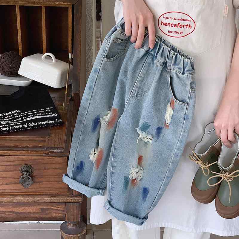 子供 デニムパンツ 春物 ボーイズ 韓国風 ダメージ加工 ジーンズ ロングパンツ 90cm 100cm 110cm 120cm..