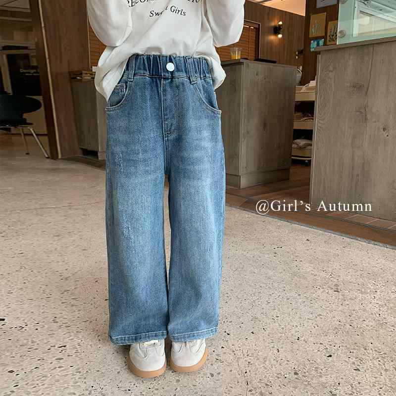 子供服 デニムパンツ ガールズ ロングパンツ 韓国風 ストレッチコットン ミディアムウエスト ストレー..