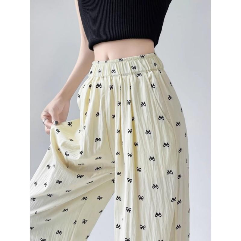 Capri Pants - レディース ワイドパンツ 高腰 直筒 ロング 薄手 接触冷感 洗水綿 ポリエステル スパンデックス 微弾力 垂感 ゆったり 慵懒風 日韓 カジュアル 快適 グラデーション 染め ブルー ブラック ピンク ベージュ ライトブラウン 夏 日常使い 軽量 伸縮