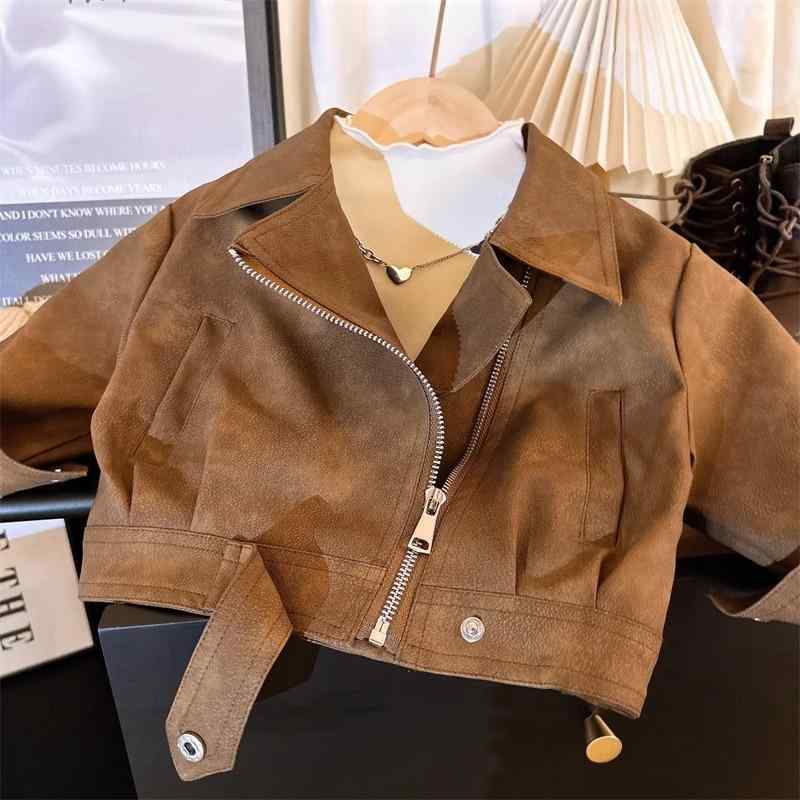 Blousons, Jumpers - ジャケット キッズ 女の子 子供服 アウター 秋服 韓国風 レトロ Vネック PUレザー ライダースジャケット ショート丈 90 100 110 120 130 140 150 160 ブラウン