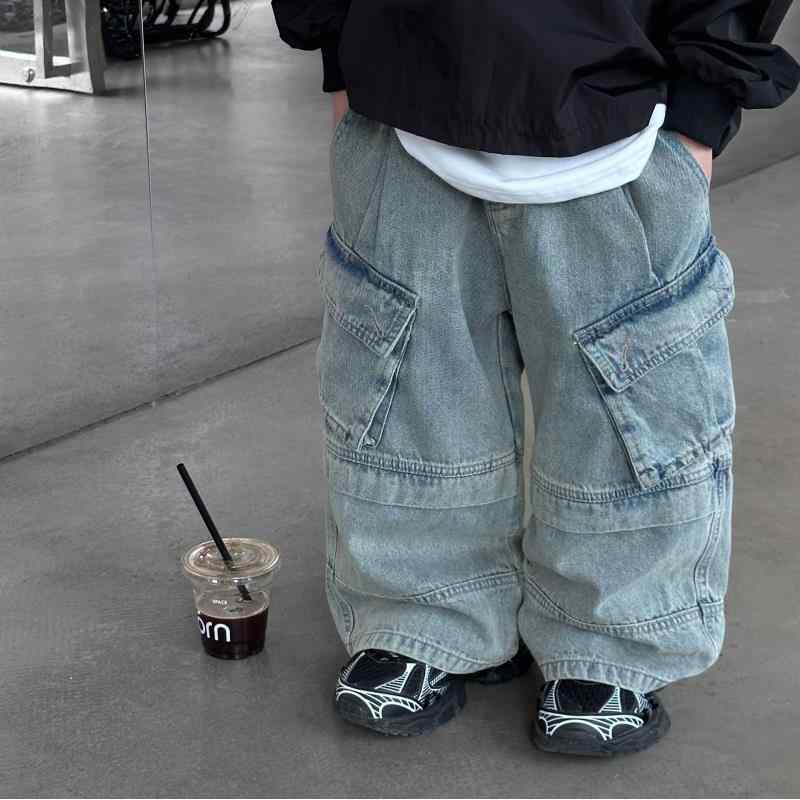 キッズ デニムパンツ 男の子 ボーイズ 春秋 ロングパンツ 子供 ワークパンツ ゆっ...