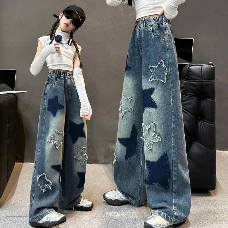 Culottes - 子供用ジーンズ ガールズ デニムパンツ 刺繍入り 星柄 パッチワーク ワイドレッグパンツ ストレートパンツ 春秋 高学年向け 通学 普段使い