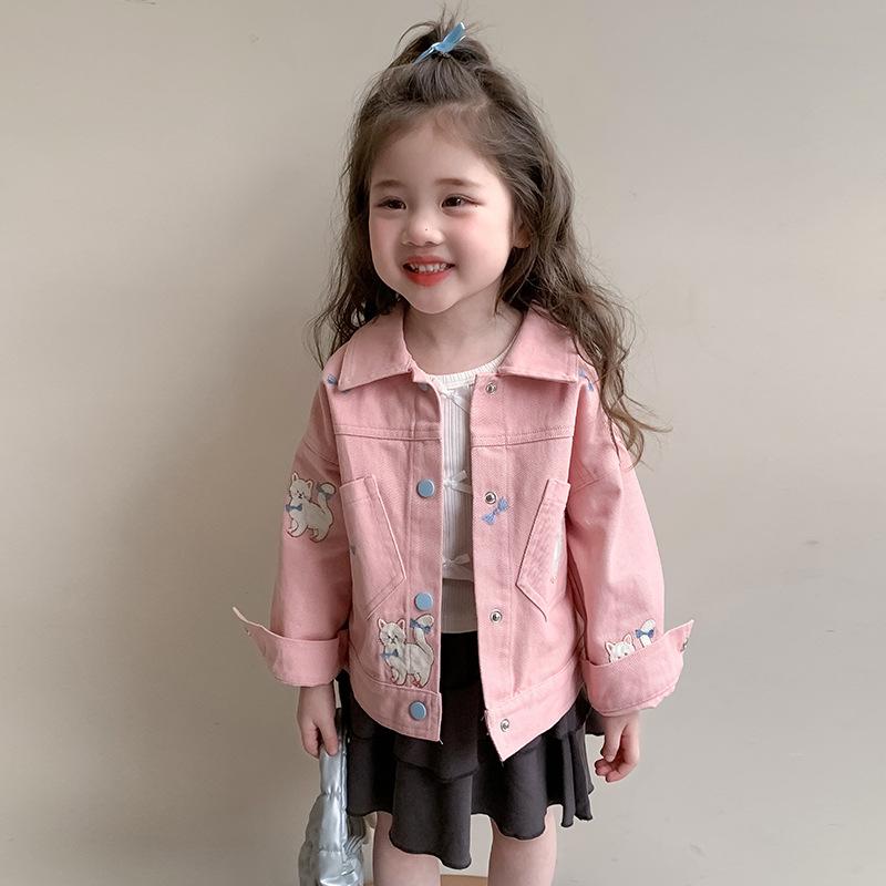 아동복 데님 재킷 봄 걸즈 소녀 아우터 한국풍 세련된 귀여운 재킷 3세 4세 5세 6세 7세 8세 평상복 긴팔 칼라 첨부 폴리에스텔 100cm 110cm 120cm 130cm 140cm
