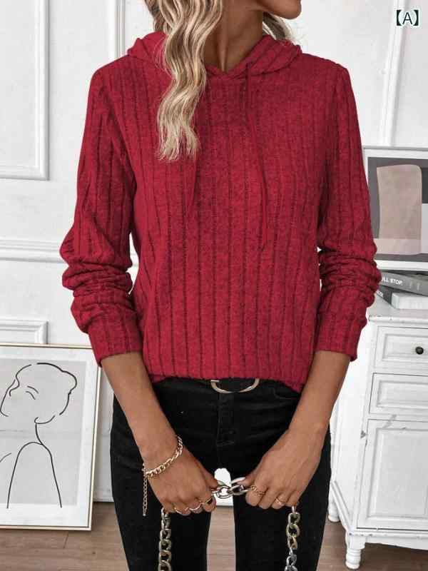 パーカー レディース 秋冬 婦人服 リブ編み プルオーバー フード付き 長袖 ポリエステル レッド 赤 S M L XL 普段使い