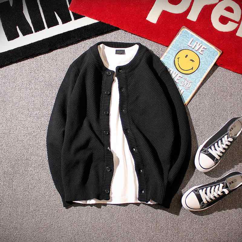 ニットカーディガン メンズ パイナップル柄 コットン混紡 長袖 トップス カットソー ラウンドネック リブ カジュアル スタイル ブラック M L XL XXL 3XLサイズ展開