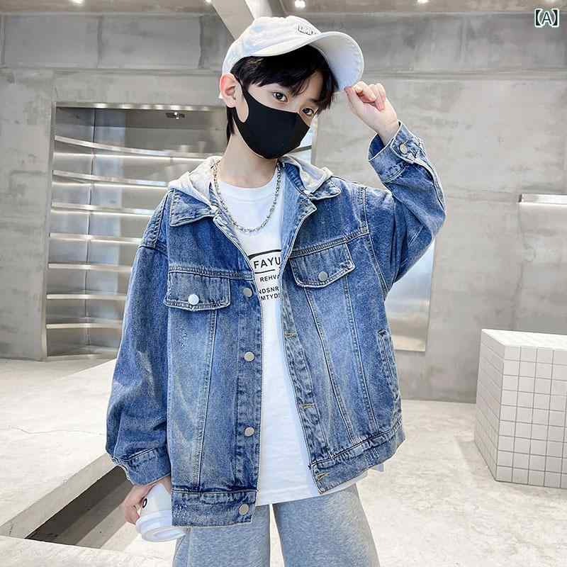 シャドーテールの子供服 ジャケット 男の子 デニムジャケット 長袖 春秋 中 крупный 子供用 取り外し可能フード付き 韓国風 アウター カジュアルスタイル 120cm 130cm 140cm 150cm 160cm 170cm｜アングル2