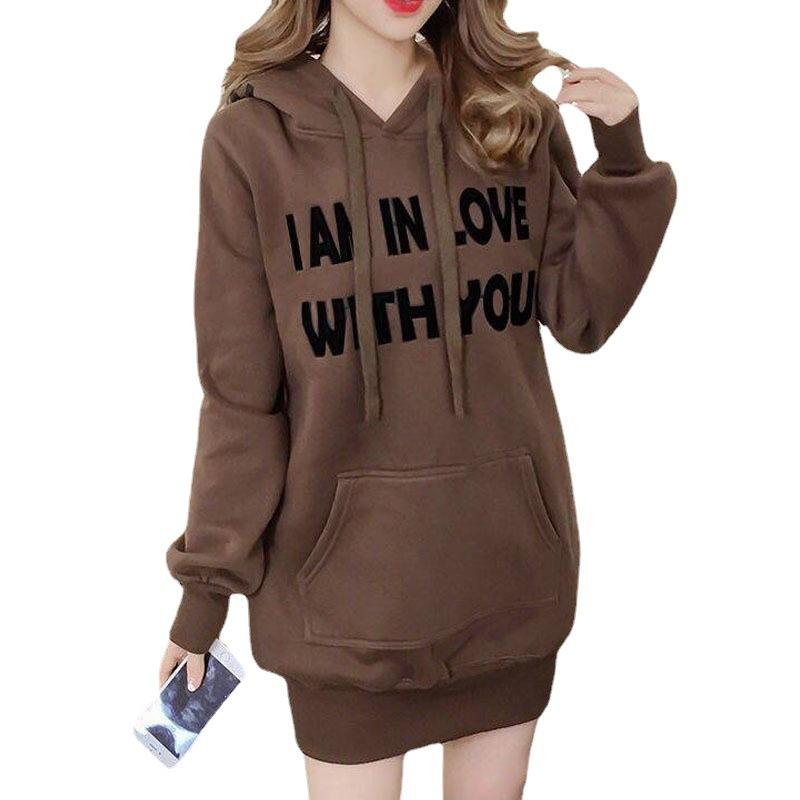 パーカー レディース 中長丈 裏起毛 スウェット プルオーバー 秋冬 アルファベット プリント フード付き 暖かい ゆったり グリーン ブラウン レッド ポリエステル