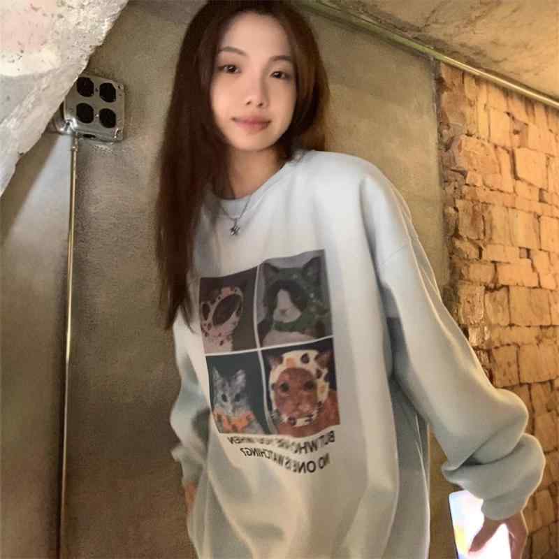 スウェット レディース 長袖 秋冬 トップス 裏起毛 台湾 カートゥーン プリント ゆったり 普段使い 部屋着 かわいい 浅灰色(4)