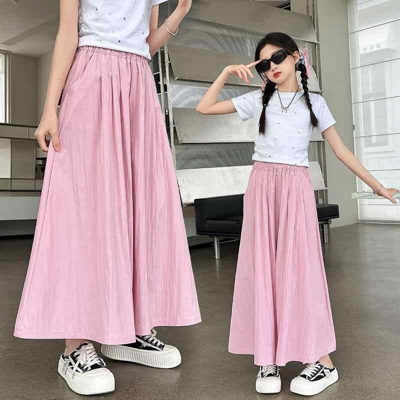 子供服 ガールズ キュロットスカート付きパンツ 薄手 女の子 ワイドレッグパンツ 9分丈パンツ ピンク系..