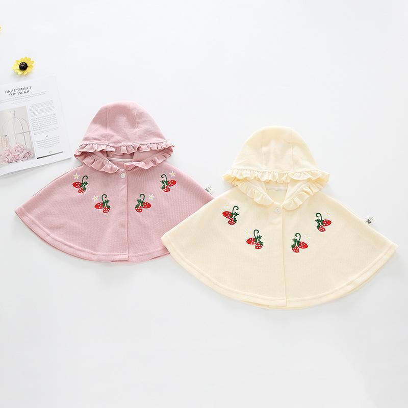 ベビー ポンチョ 春秋 いちご 刺繍 フード付き ケープ 0歳 1歳 2歳 男女兼用 防風 綿 ピンク系