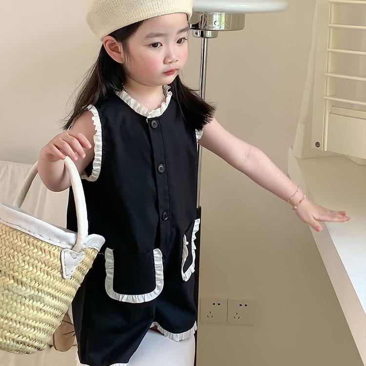 キッズ 女の子 花柄 レース ノースリーブ オールインワン 子供服 7分丈パンツ 薄手 高腰 ポリエステル..