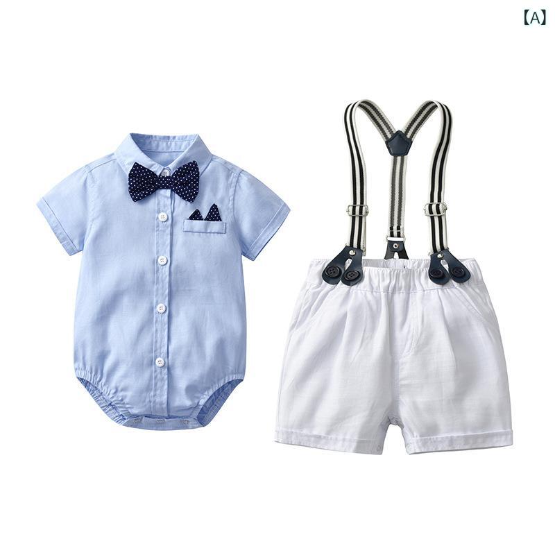 シャドーテールのロンパース ベビー 男の子 半袖 ショートパンツ 上下セット コットン 夏 新生児 幼児 紳士 フォーマル 涼しい 通気性 59cm 66cm 73cm 80cm 90cm｜アングル2