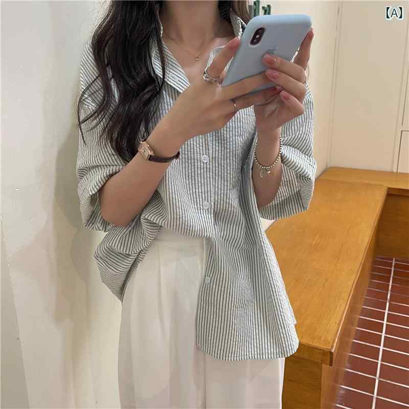 レディース シャツ フレンチストライプ 半袖 デザイン ニッチ 春 韓流 ルーズ ゆったり 休闲 トップス 気質 通勤 OL スタイル ポリエステル ストライプ柄 開襟 長袖 切り替え スリムフィット ミドル丈 POLOカラー ストレート袖 緑 黄