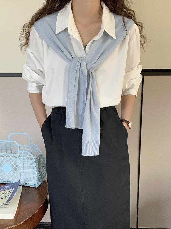 レディース シャツ トップス 純色 長袖 中長丈 ワイドシルエット 翻領 単排ボタン 切り替え 綿 ポリエステル 混合 素材 快適 日常使い デイリー オフィス カジュアル スタイル 白 緑 杏黄 ブルー 秋 秋冬 日韓 風