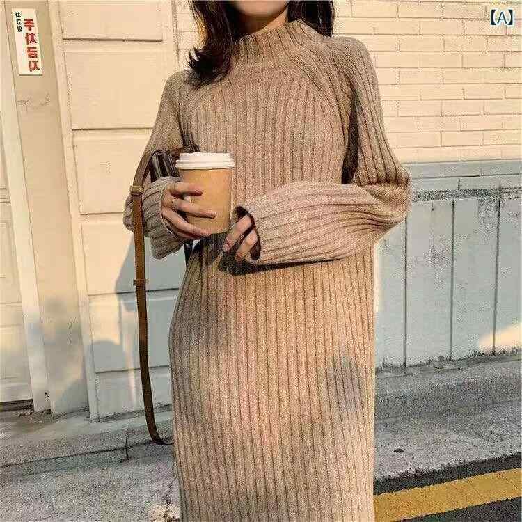 シャドーテールのニットワンピース レディース 秋冬 ハーフネック ゆったり ロング丈 チュニック 韓国風 ミドル丈 ケーブルニット セーター 無地 ドロップショルダー Aライン ポリエステル 伸縮性｜アングル2