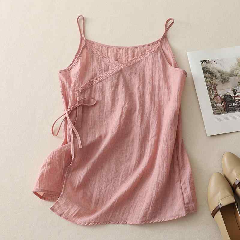 Tops - レディース トップス 吊り帯 タンクトップ レイヤード シャツ 春夏 2025 ファッション ゆったり 大きいサイズ 女性用 芸術的 復古風 綿麻 花辺 飾り 立体 デザイン 単色 柄 白色 ピンク グレー 孔雀色 肩紐 シングル スタイル 無弾力 快適