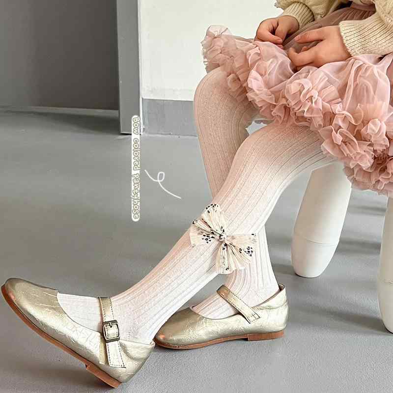 靴下 キッズ 女の子 子供服 レギンス タイツ 綿 無地 春秋 薄手 フリル 蝶結び ベージュ系
