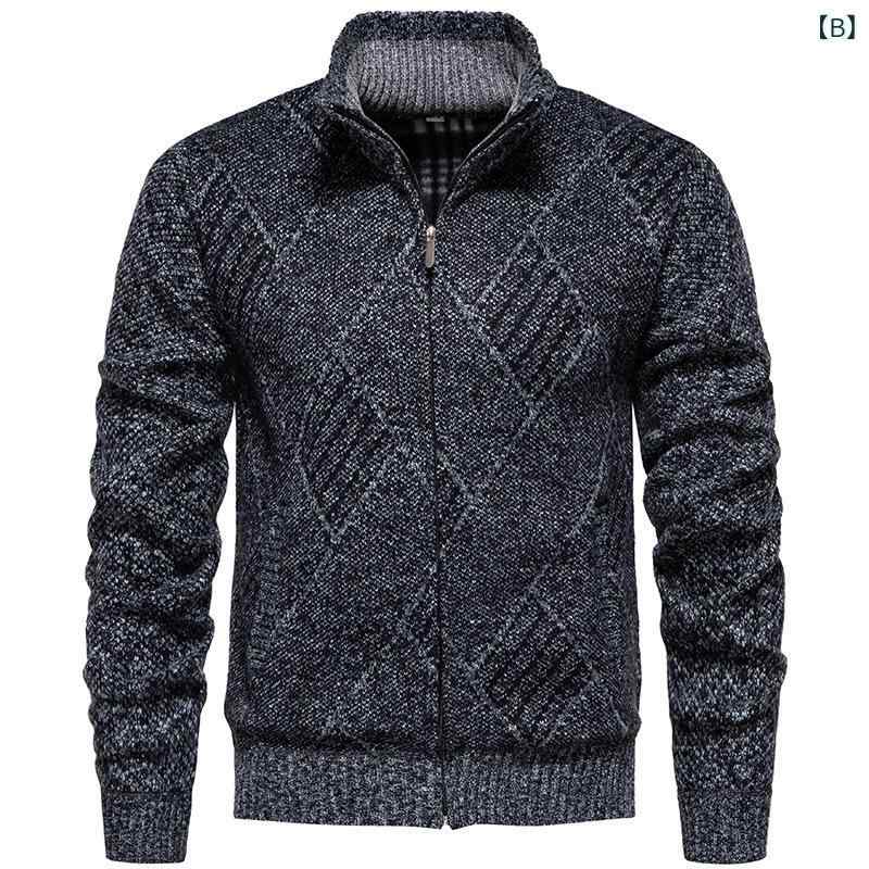 ニット メンズ カーディガン 秋冬 長袖 立襟 フリース裏地 ジャケット ケーブル編み セーター カジュアル スタイル あったか 防寒 部屋着 羽織り