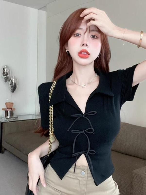 Tシャツ レディース 短袖 ポロシャツ 蝶ネクタイ デザイン 法式 ショート丈 インナー トップス 修身 セクシー 私服 夏 黒 白 ポリエステル スパンデックス 切り替え セットネック ソリッドカラー 軽量 伸縮性 通勤 普段使い