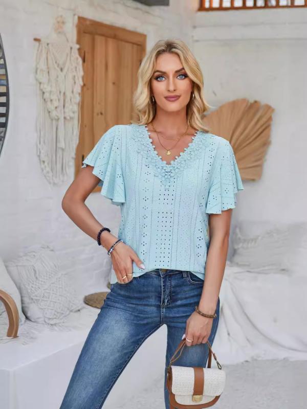 Tシャツ レディース Vネック 短袖 荷葉袖 フリル ワイド トップス ポリエステル 固色 切り替え ゆったり 普通丈 清新 甘い 夏 ブルー ..