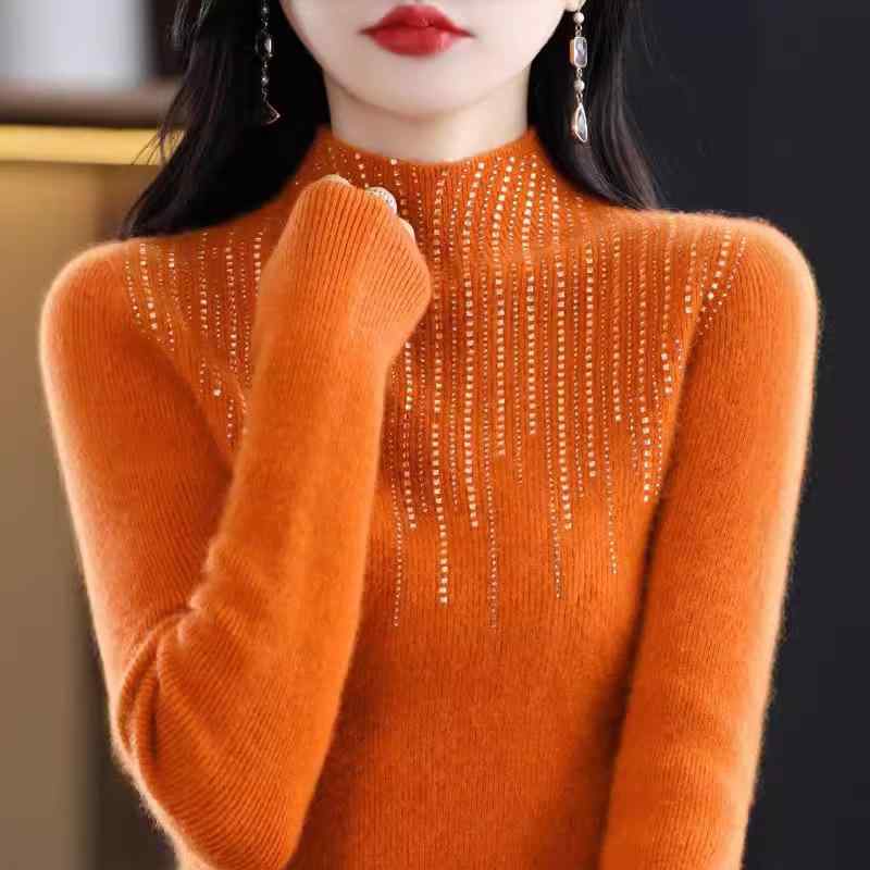 Three-Quarter Knit - ニット レディース 秋冬 ハーフネック トップス 長袖 プルオーバー スリム 伸縮性 ポリエステル 混紡 普段使い 韓国ファッション 赤 花柄 コーヒー 灰 紫 白 ベージュ 黒