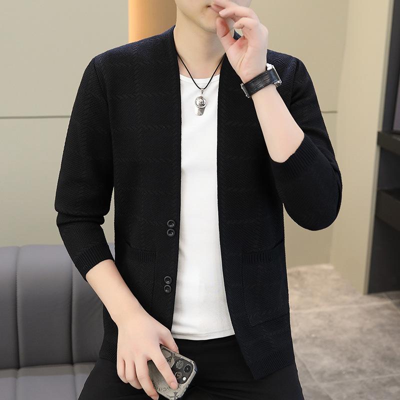 カーディガン メンズ 男性用 ニット 春秋 ビジネス カジュアル 提花 Vネック トップス 長袖 ポリエステル ブラック グレー 修身 大码