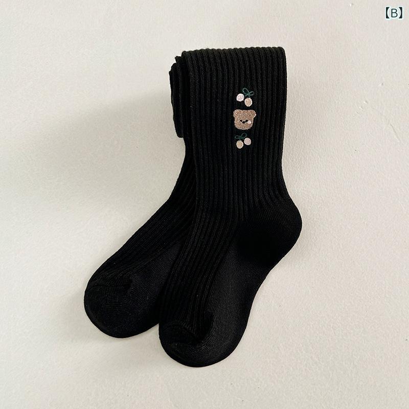 子供用 靴下 春秋 女児用 コットン 混紡 刺繍入り ストライプ タイツ かわいい ベビー ソックス グレー ブラック カーキ ベージュ ピンク ホワイト 3